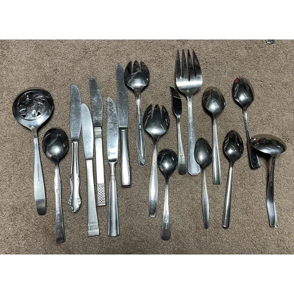 17 Bundle Lot Misc Silverware Various Spoons Fork Knives Stainless Steel Leonard